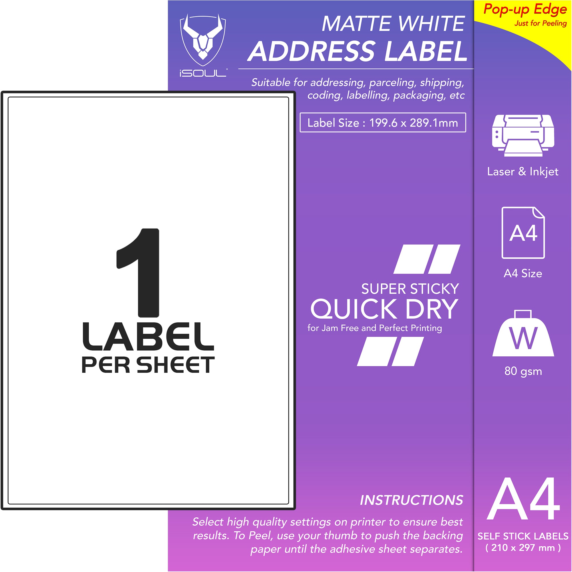 White Address Printer Labels - 1 Label per Sheet - 199mm x 289mm