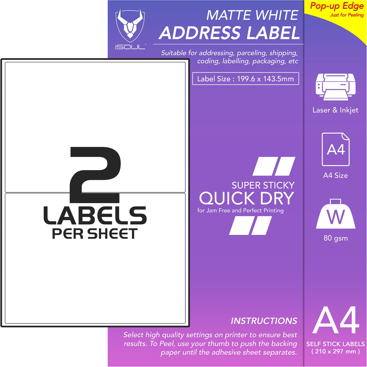 Self Adhesive Printer Labels - 2 Labels per Sheet - 199mm x 144mm