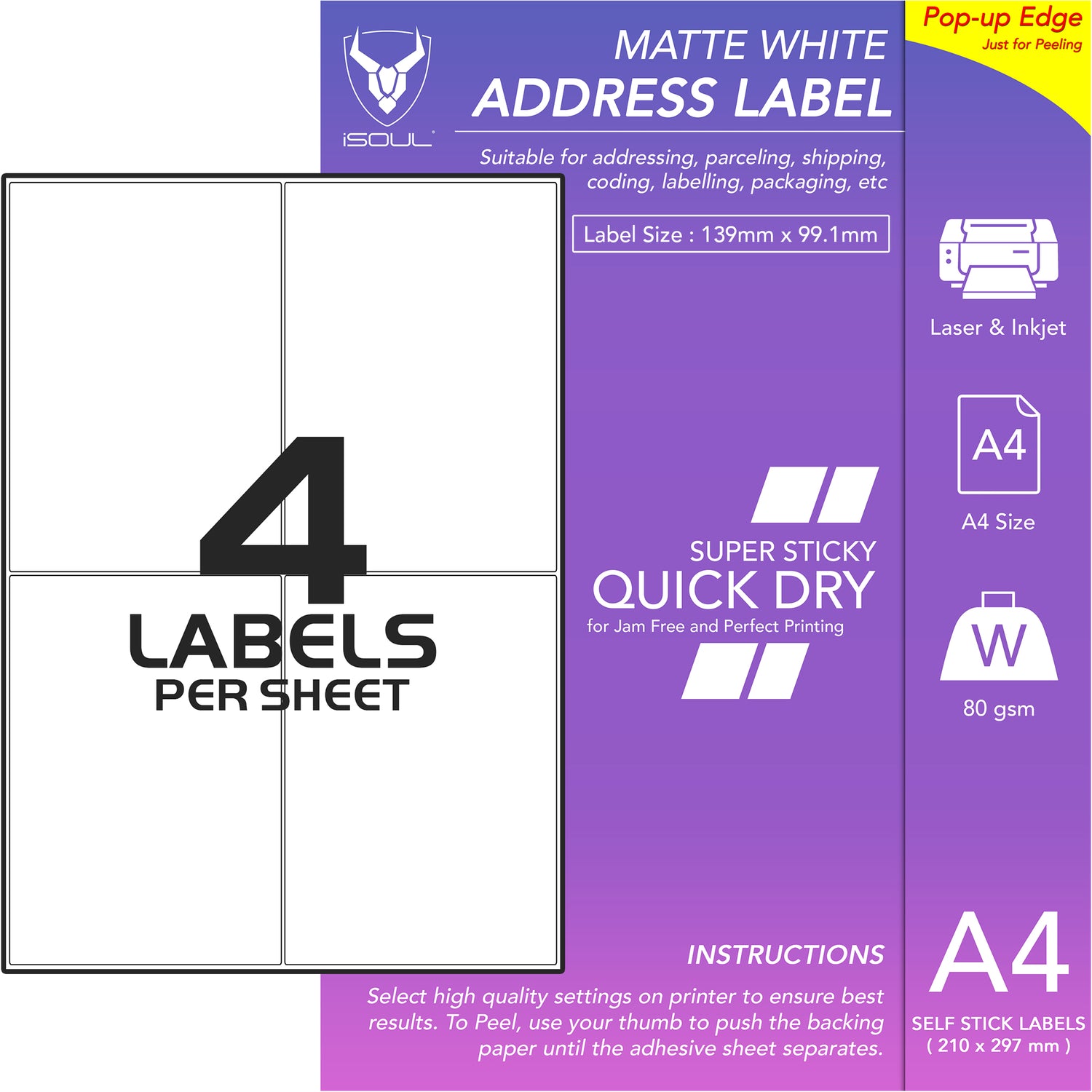 White Printer Labels - 4 Labels per Sheet - 139mm x 99mm