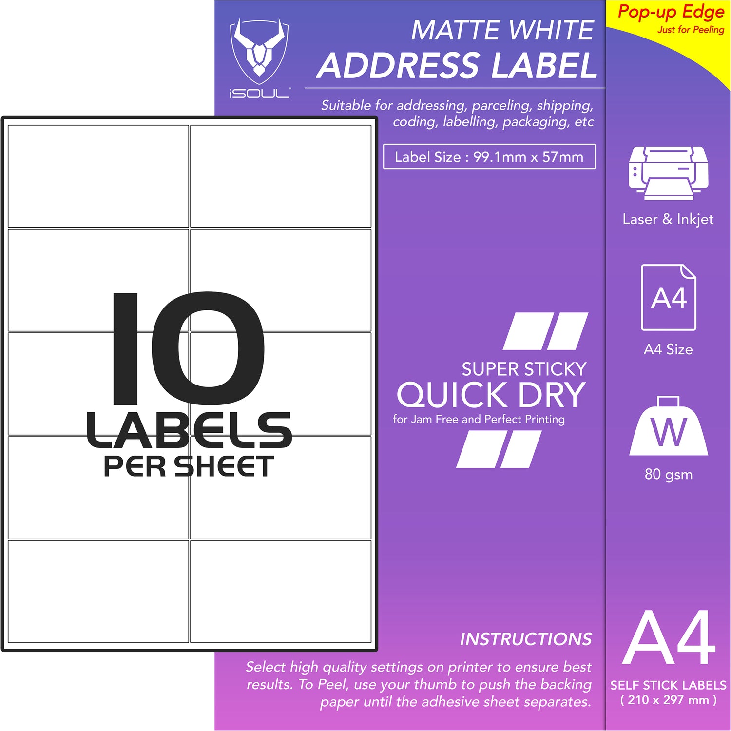 Address Labels Self Adhesive - 10 Labels per Sheet - 99mm x 57mm