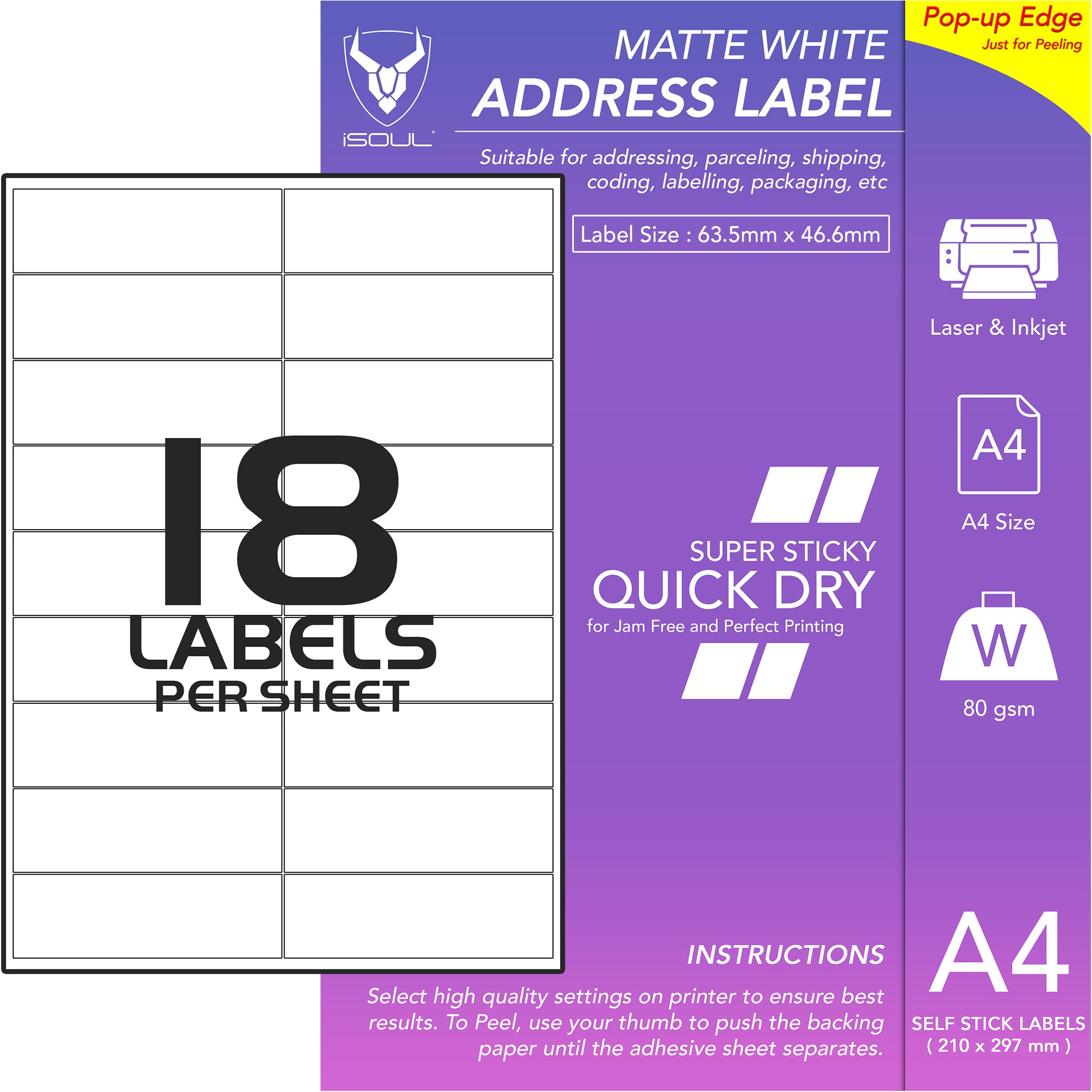 Sticky Labels for Printer - 18 Labels per Sheet - 63mm x 47mm