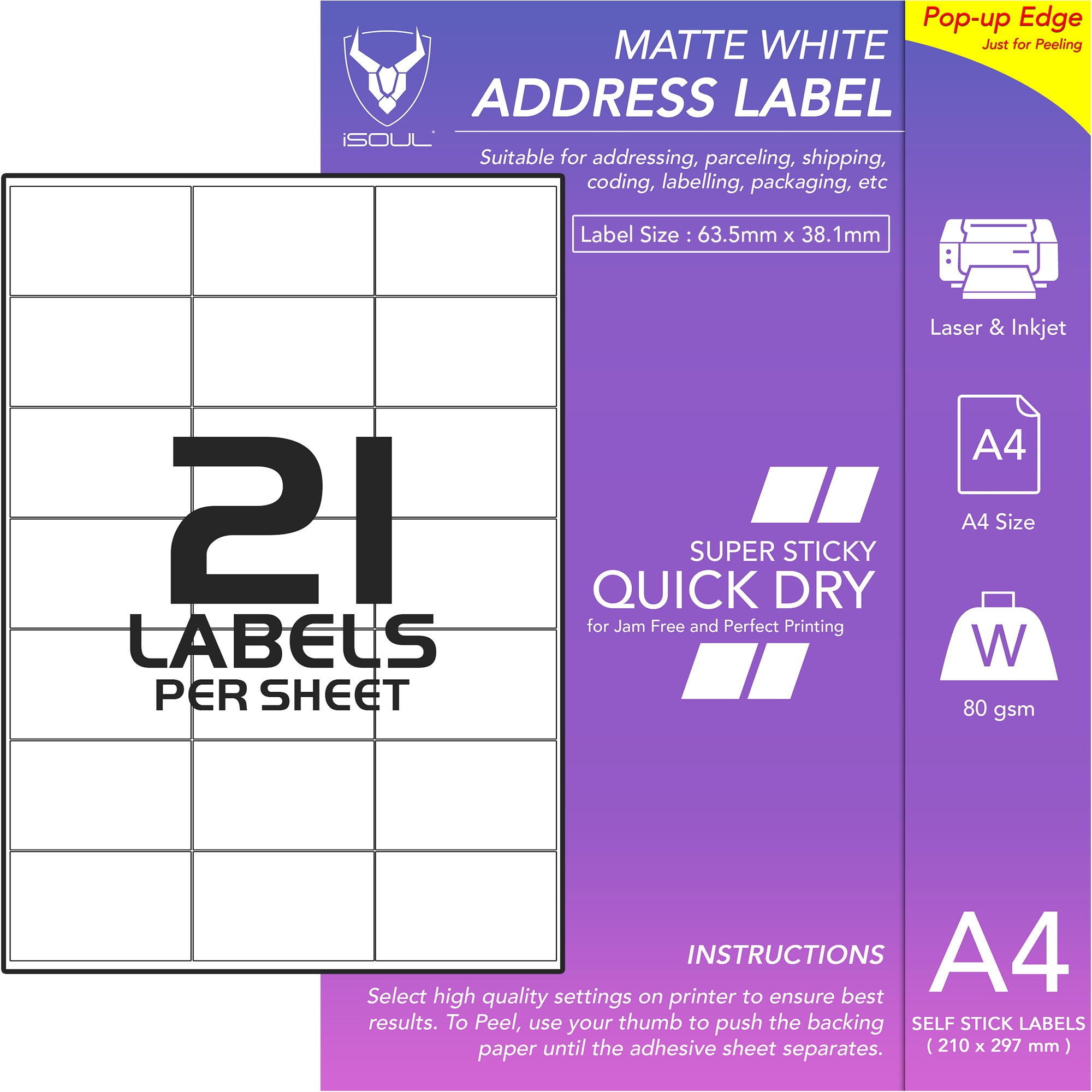 Address Labels to Print - 21 Labels per Sheet - 64mm x 38mm