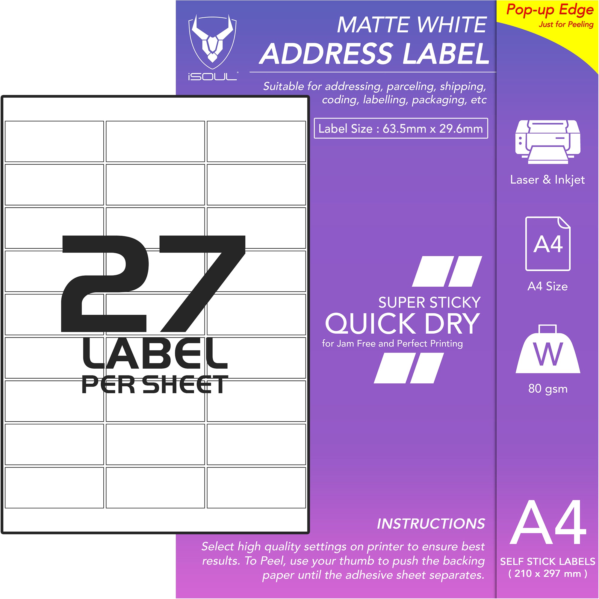 Address Printer Labels - 27 Labels per Sheet - 64mm x 30mm