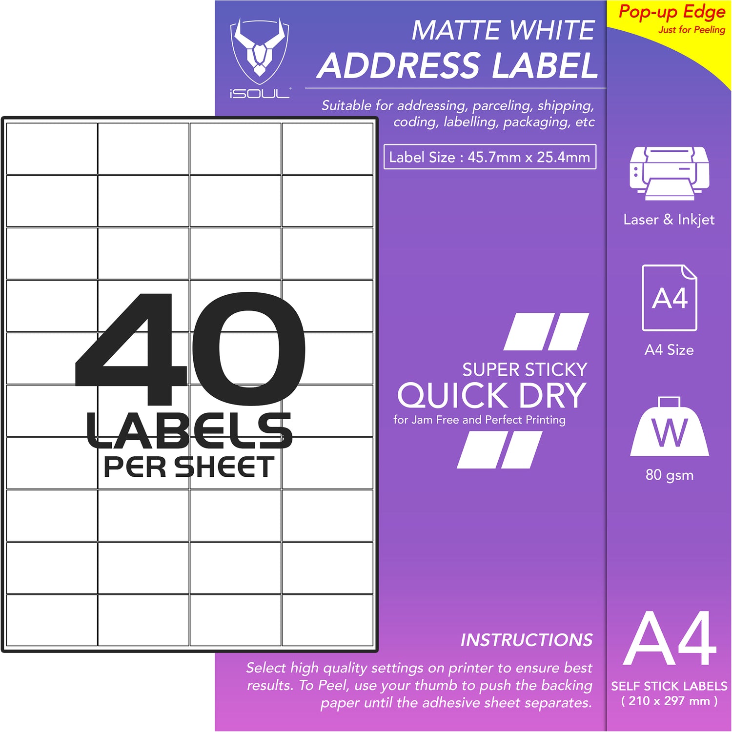 Return Address Printer Labels - 40 Labels per Sheet - 46mm x 25mm