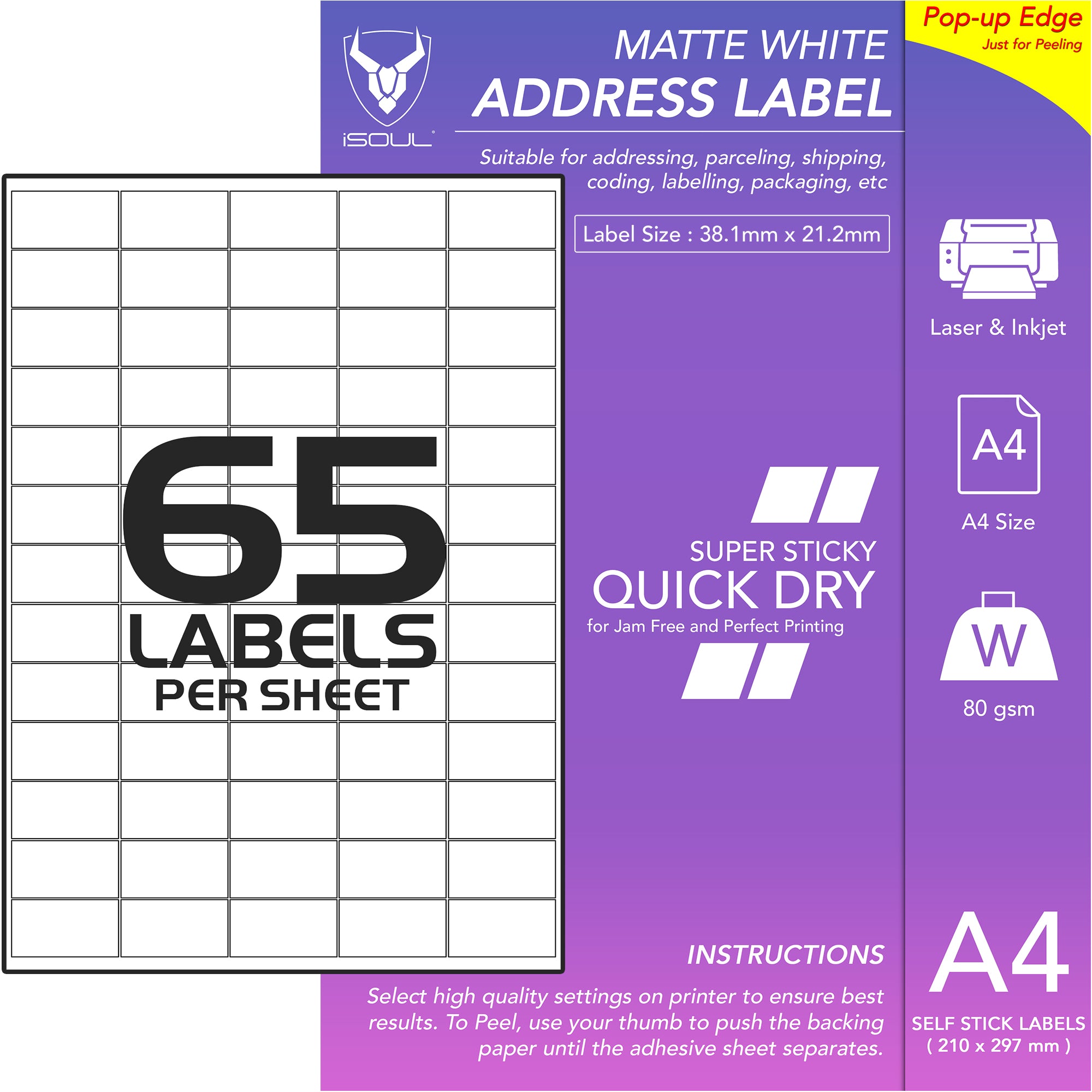 White Sticky Address Labels - 65 Labels per Sheet - 38mm x 21mm