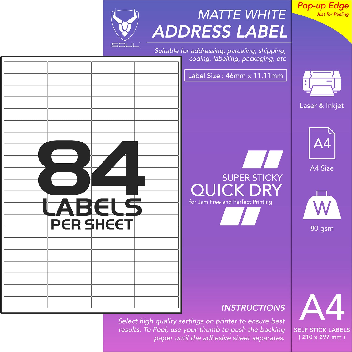 Address Labels Self Adhesive - 84 Labels per Sheet - 46mm x 11mm