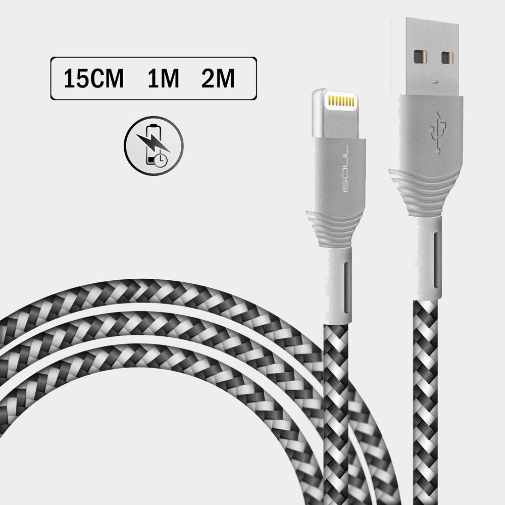 iSOUL Apple Lightning iPhone Charger Data Cable - 15cm / 1M / 2M Long Nylon Braided Lead USB Fast Charge Sync.