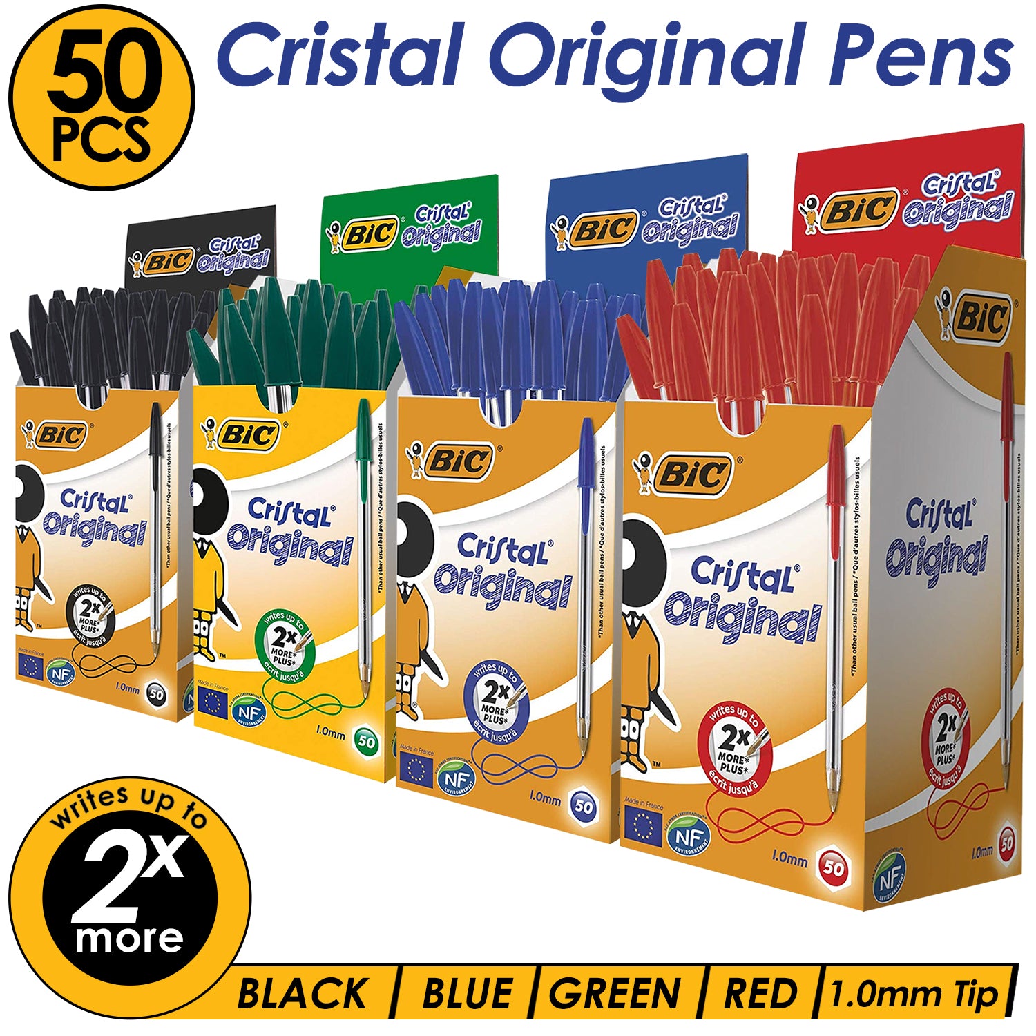 BIC Cristal Original Ballpoint Pens Medium Point (1.0 mm) Tip Line Biro Pen