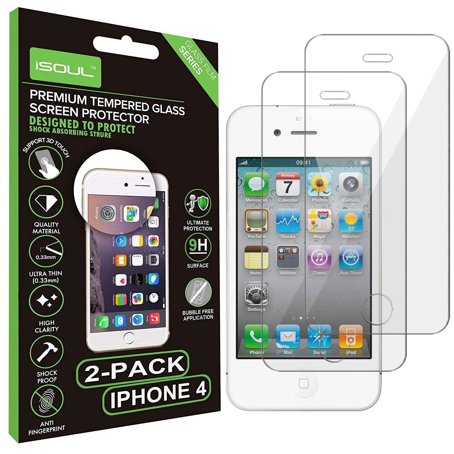 2x iSoul Apple iPhone 4/4S 9H 0.26 mm Tempered Glass Screen Protectors - TradeNRG UK