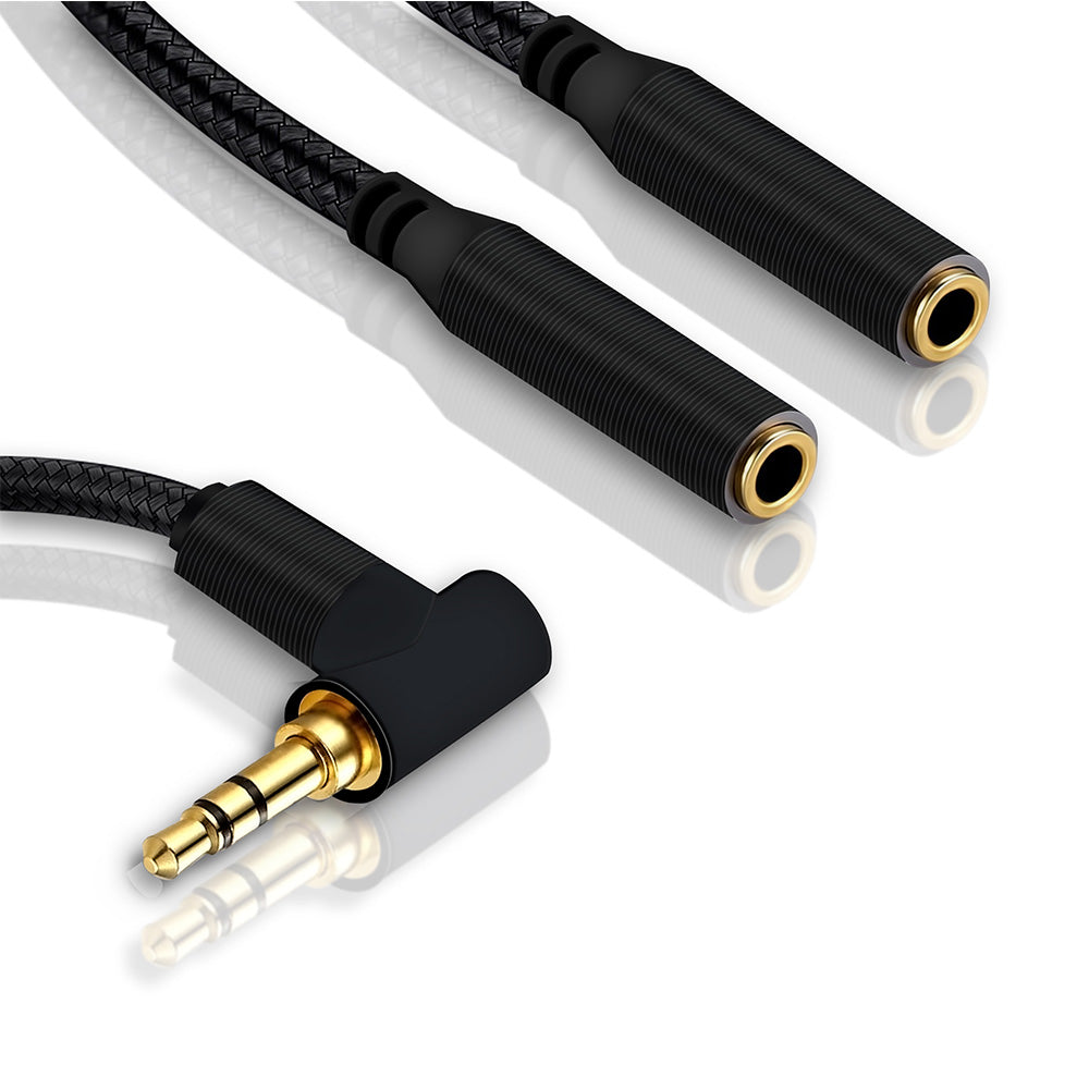 L-Shape Dual Audio Jack Splitter Cable Nylon Braided Black - iSOUL