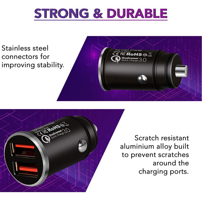 Fast Charging Dual Port USB Car Charger with QUALCOMM 3.0 Chip - iSOUL